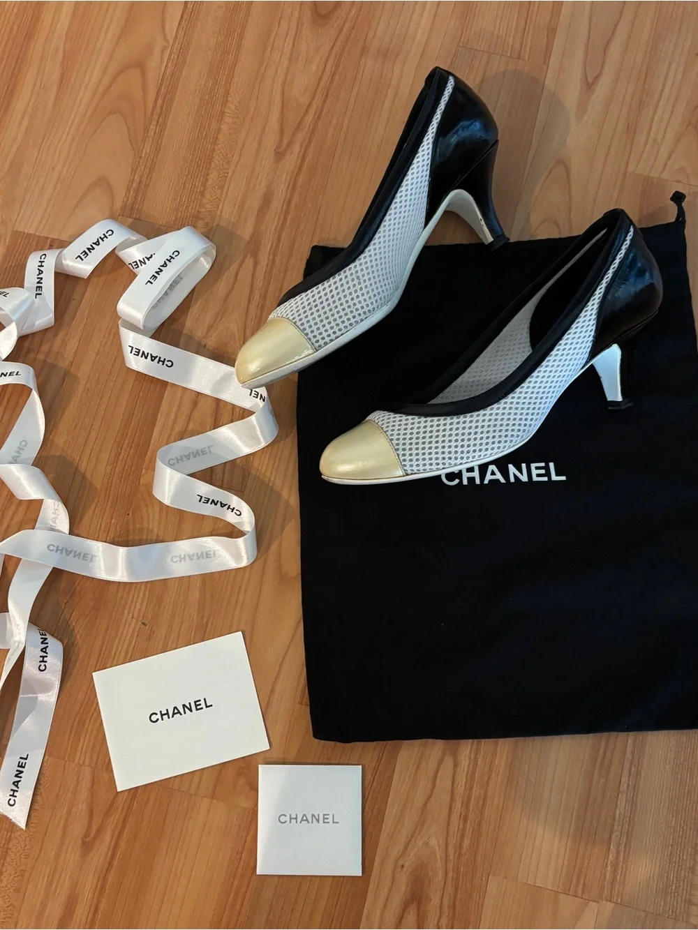 CHANEL Cream Cap-Toe Mesh Pumps with Black Trim